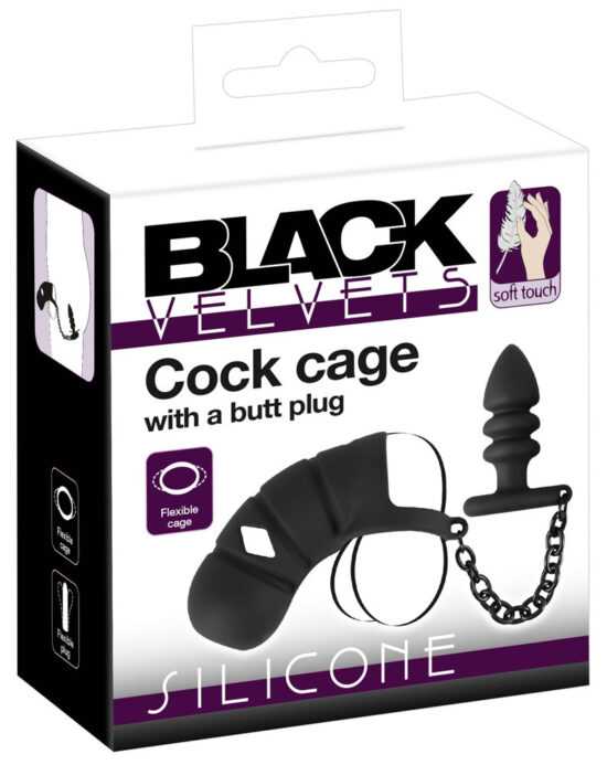 Black Velvet - silicone penis cage with anal dildo (black)