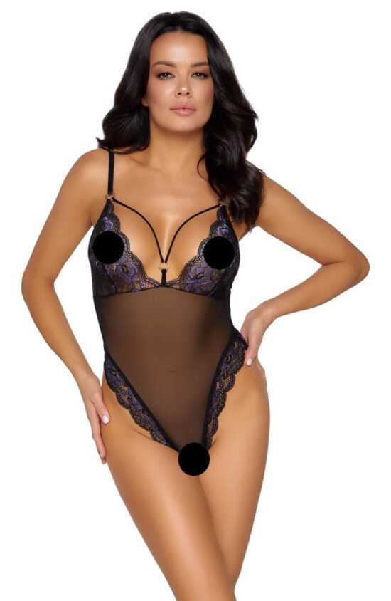 Cottelli - embroidered open lace body (black and purple)